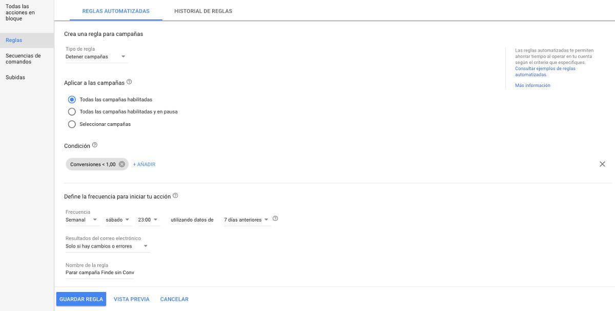 reglas adwords campañas